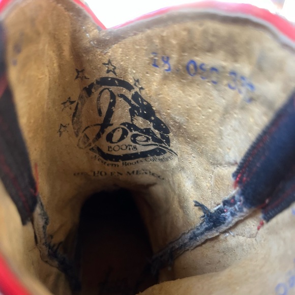 Joe Boots | Rustic Leather & Denim Cowboy Boots, Red Trim, Kid Size 11 - Picture 7 of 10